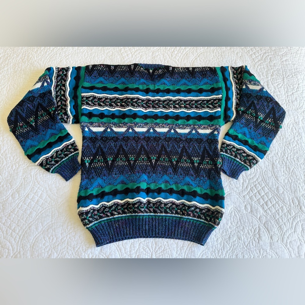 Men’s Vintage 90s Concrete Reverse Weave Textured Crew Neck Sweater Blue Medium - Picture 3 of 11
